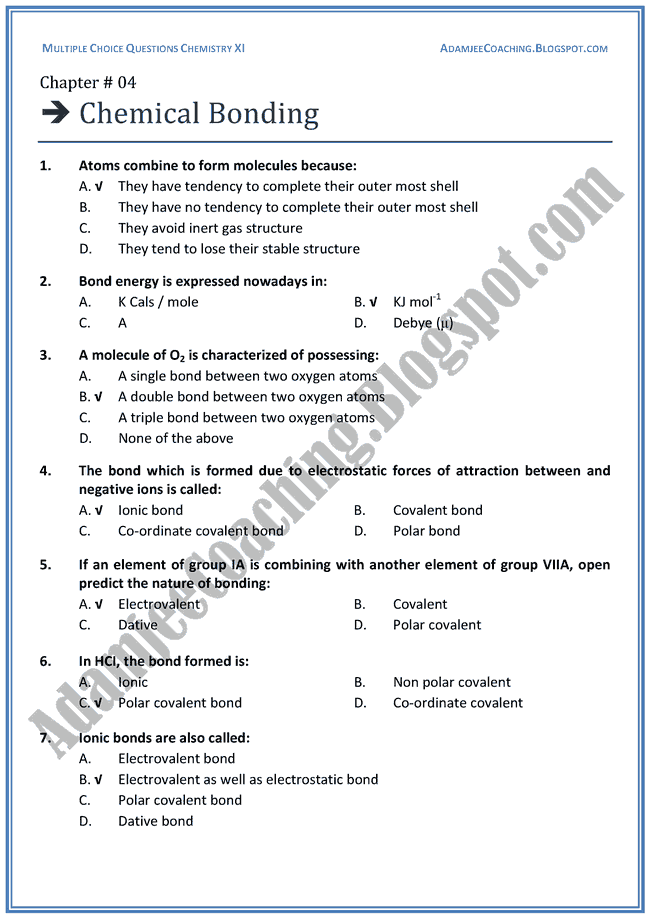 XI Chemistry MCQs - Chemical Bonding