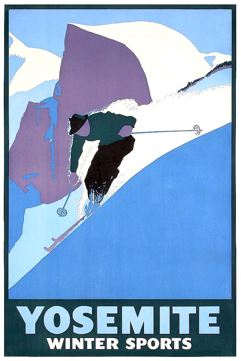 a 1930s travel poster for skiing in Yosemite