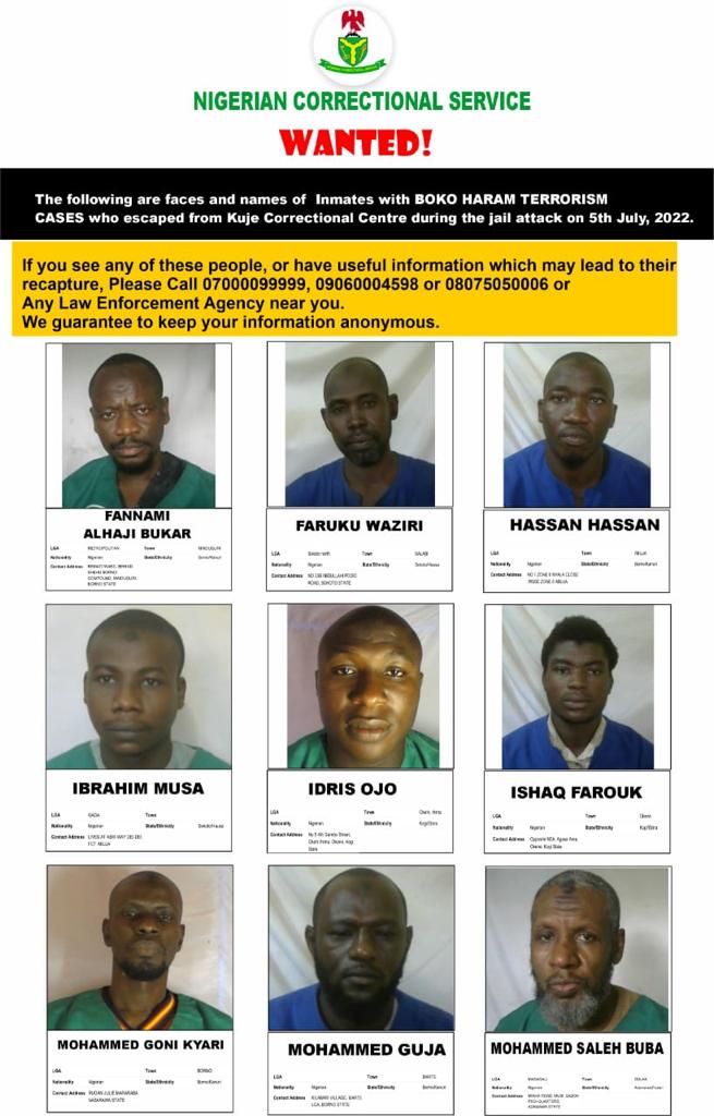 Nigeria Correctional Services Declares 69 Terrorist Inmates Wanted After Kuje Jailbreak, Release Photos