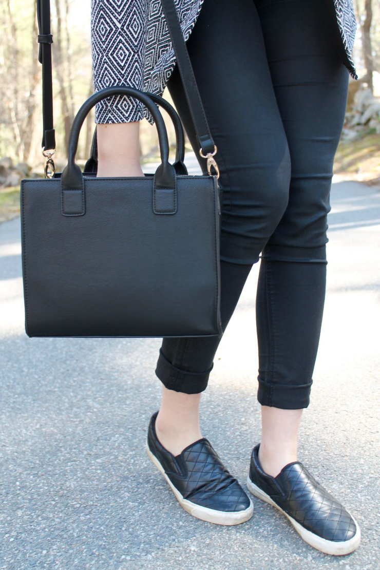 Chic black and white outfit [H&M black and white printed vest, black crop top, elegant black bag and leather slip on sneakers]