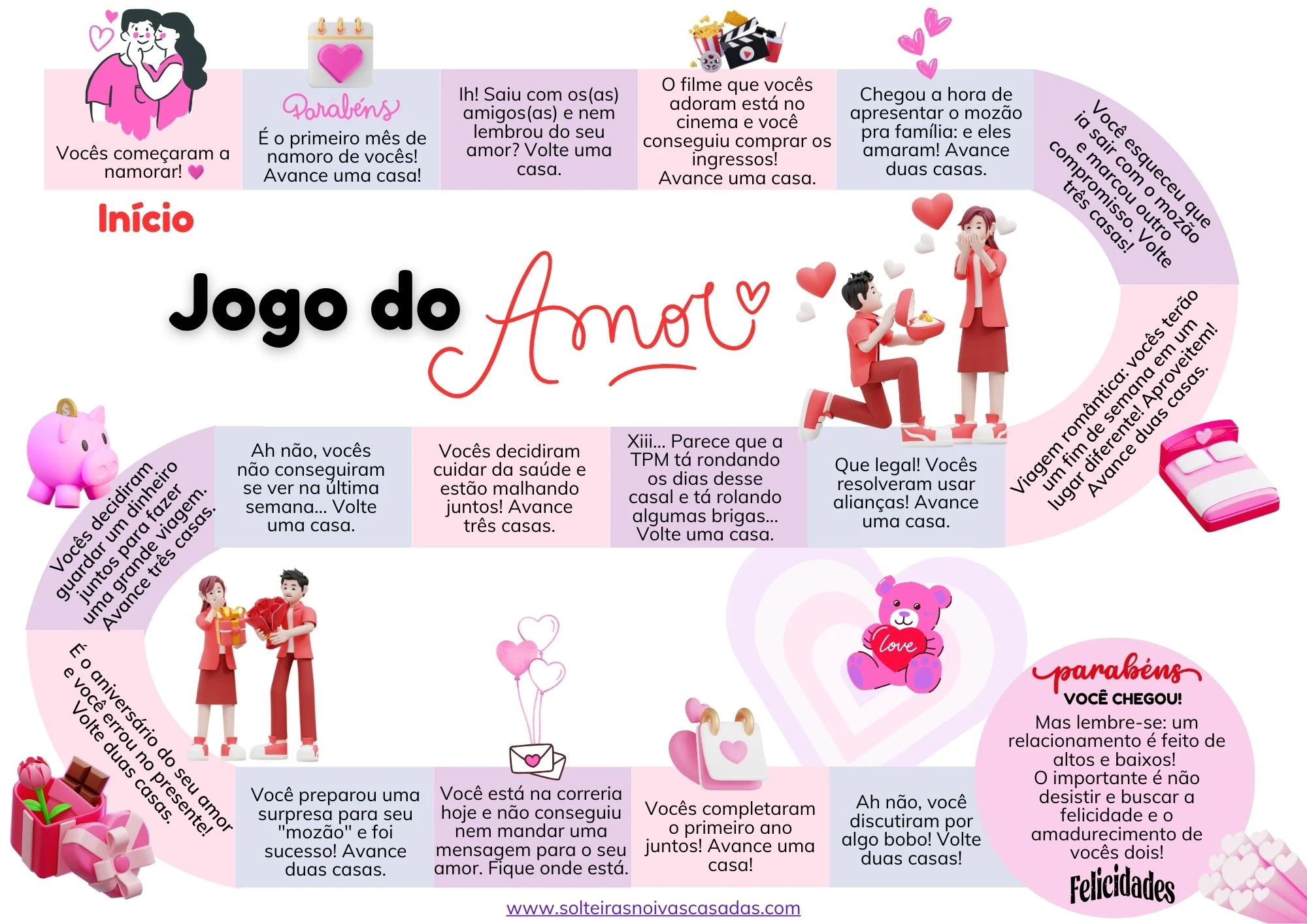 Jogo de tabuleiro para namorados: trilha romântica grátis para imprimir