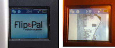 Two images of the little colour screen - one with Flip Pal logo and menu, the other with menu and a sidways partial image of a pub.