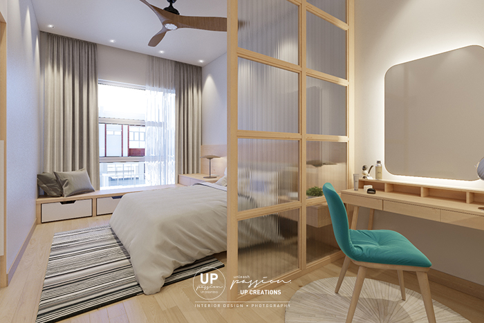 Bandar rimbayu penduline master bedroom with reeded glass feature divider in wood texture frame and daybed at window area