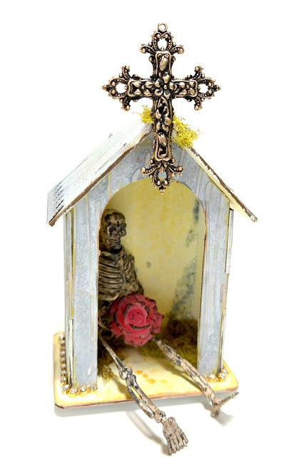 Chipboard Shrine with Skeleton and Gold Cross