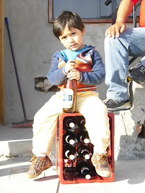 A young Peruvian boy familiarises himself with beer