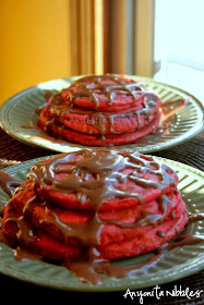 Two stacks of Red Velvet pancakes for Valentine's breakfast from www.anyonita-nibbles.com