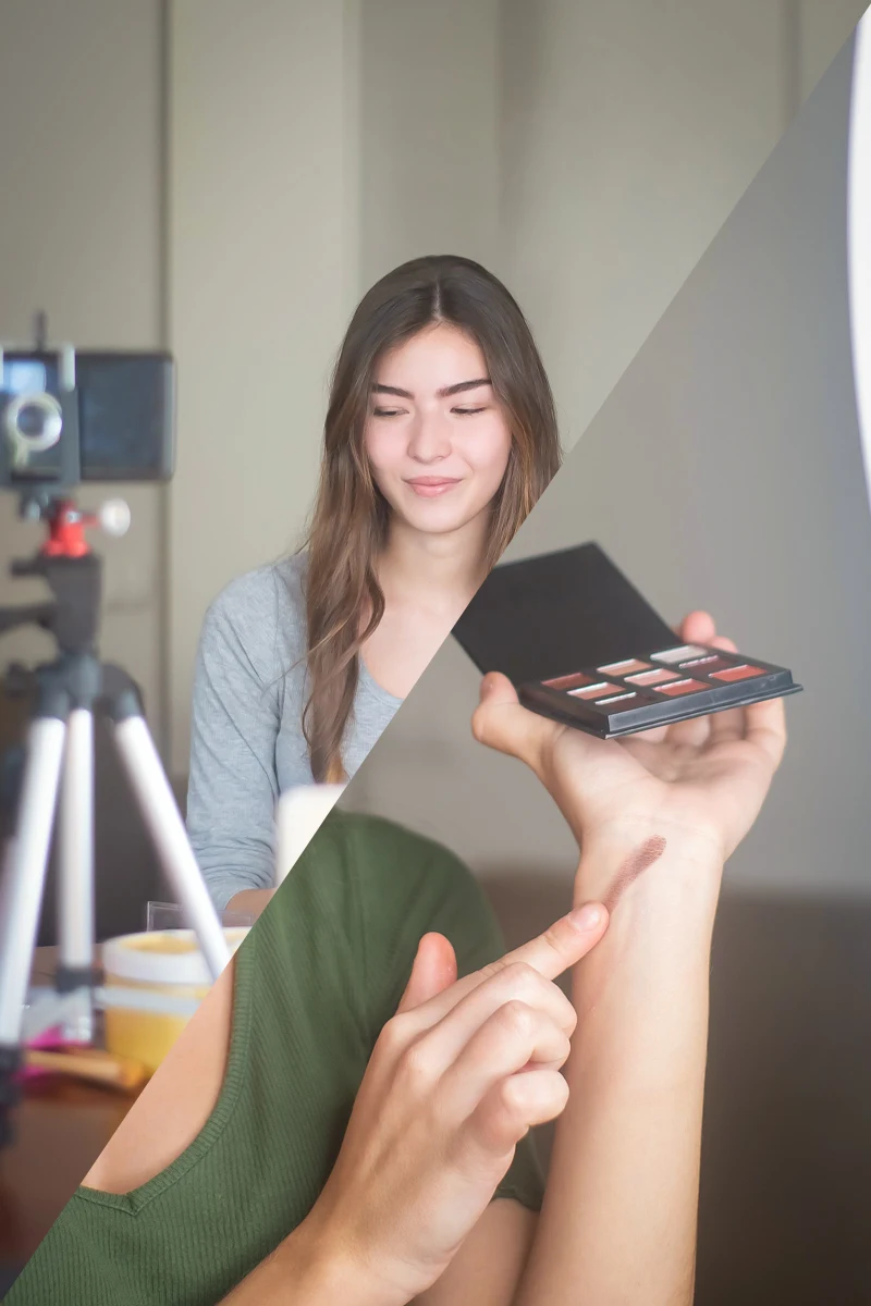 collage with images showing how beauty blogger is making a video