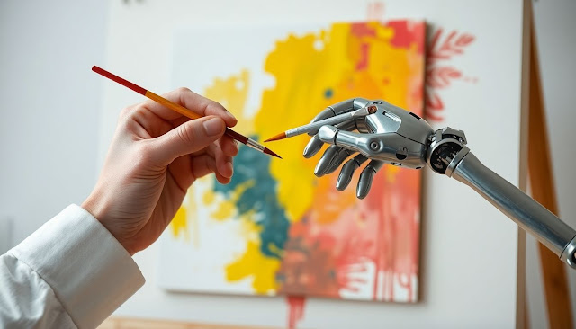 Human hand and robotic hand collaborating on artwork.
