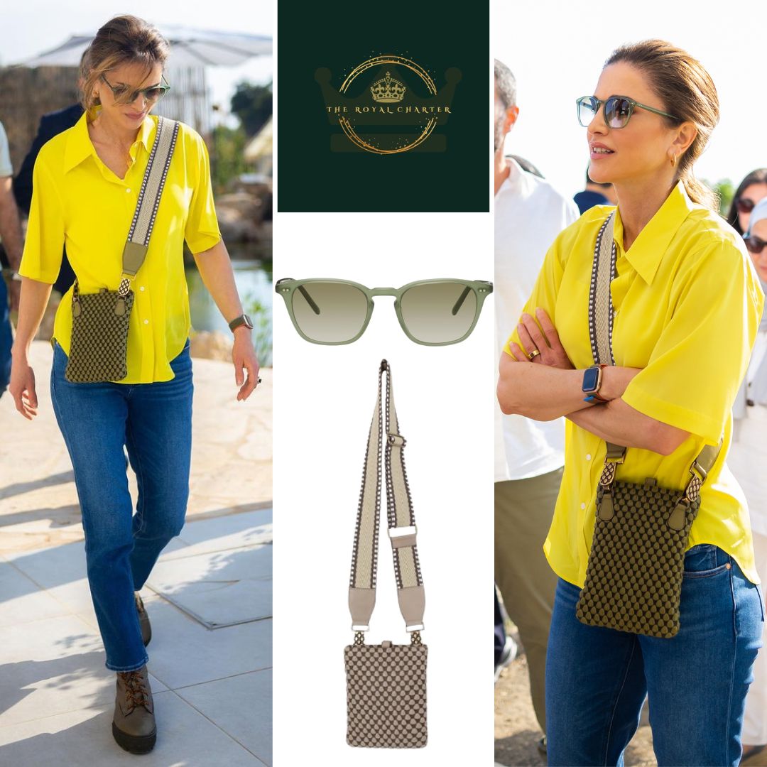 Queen Rania wore a yellow button down shirt with blue jeans, issa Fontaneda Rock Me Crossbody Bag with Olivier Peoples x Frere Ny Green Sunglasses for LIVINC visit