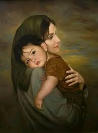 لوحة واقعية ام تحمل طفلها الوان زيت
