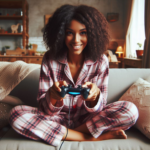An African American woman on the couch in pajamas play video games