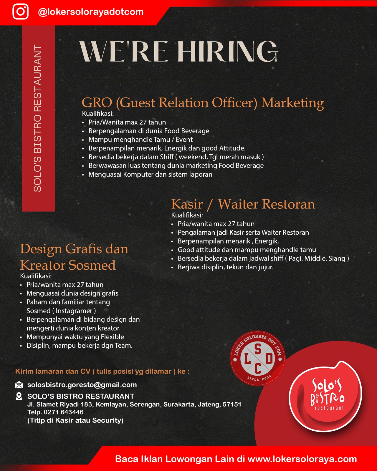 Loker Kasir/Waiter, GRO, Design Grafis & Kreator Sosmed di Solo’s Bistro Restaurant