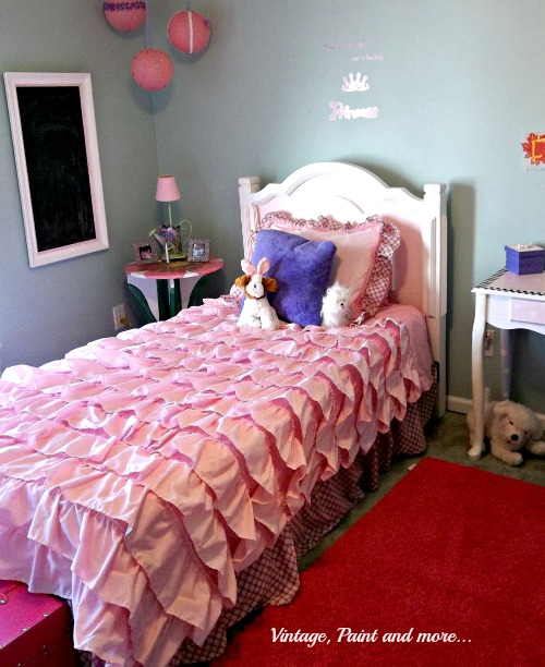 Vintage, Paint and more.. a pink ruffly girly girl room with diy chalk painted furniture and thrifted accessories