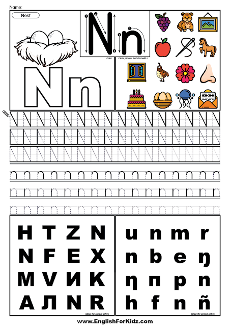 ABC learning worksheet, letter N tracing