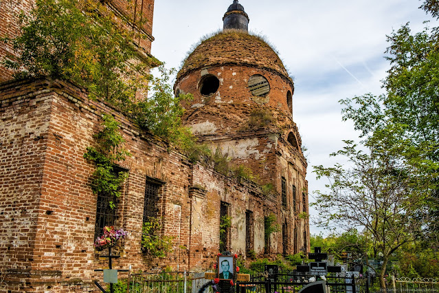 Старая, кирпичная, заросшая церковь