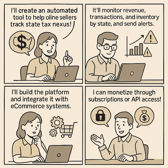 A four-panel comic summarizing how to offer automated state tax nexus checkers for U.S. online sellers. Panel 1: A woman at a laptop says, 'I'll create an automated tool to help online sellers track state tax nexus!' with a dollar symbol bubble. Panel 2: A man explains, 'It’ll monitor revenue, transactions, and inventory by state, and send alerts,' with warning icons and charts. Panel 3: The woman says, 'I’ll build the platform and integrate it with eCommerce systems,' shown with gears and a cart icon. Panel 4: The man concludes, 'I can monetize through subscriptions or API access!' with a lock and money bag icon."