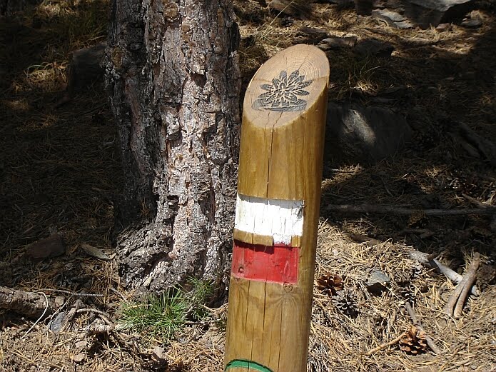 Wooden waymarker of the Sulayr with the symbol of this GR240, the estrella de las nieves - photo: casa rural El Paraje