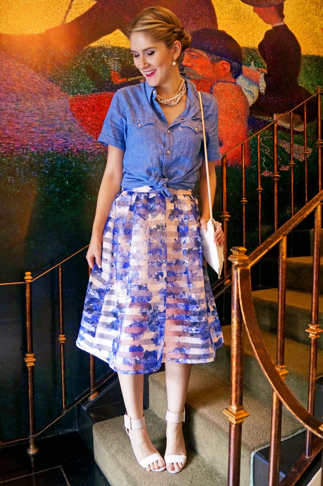 Floral skirt with a casual jean top for Spring!