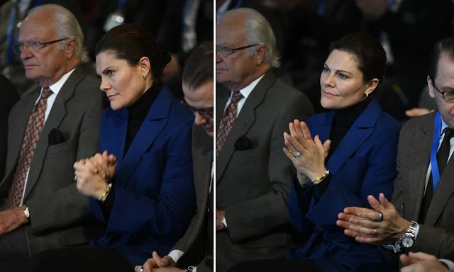 Crown Princess Victoria wore a blue Zoe blazer by Rodebjer. King Carl Gustaf, Crown Princess Victoria and Prince Daniel