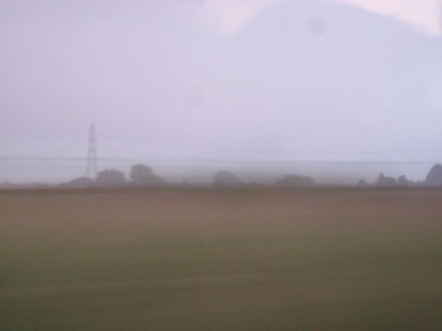 Blurry view from a coach window. Brown, green and grey. Clearer than previous one. Pylon outline.