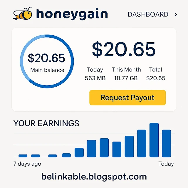 Honeygain dashboard showing a $20.65 main balance, 563 MB today, 18.77 GB this month, and a graph of earnings over the past 7 days.