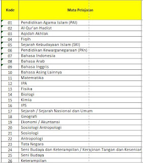 Daftar Kode Mapel untuk Pengajuan PTK Baru di EMIS Online