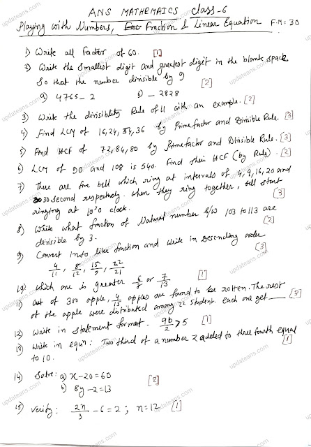 Class 6 Playing with Number, Fraction and Linear Equation Test FM 30