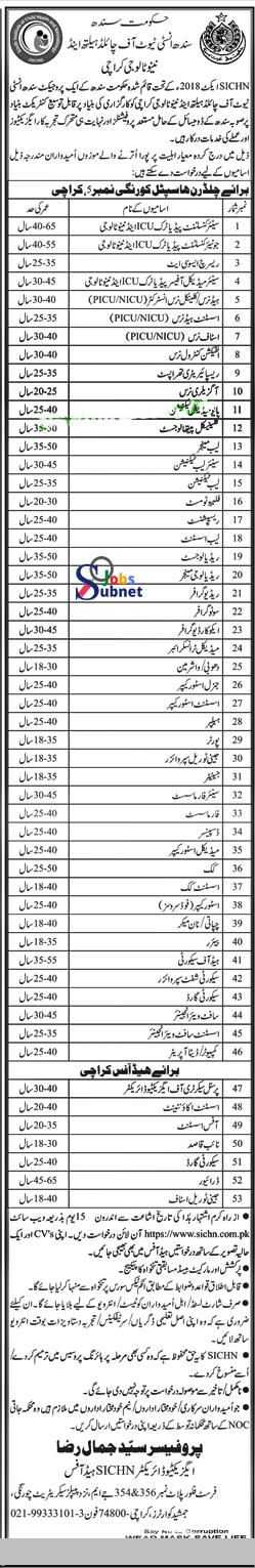 Latest jobs in Pakistan 2022 in Sindh Institute of Child Health and Neonatology SICHN