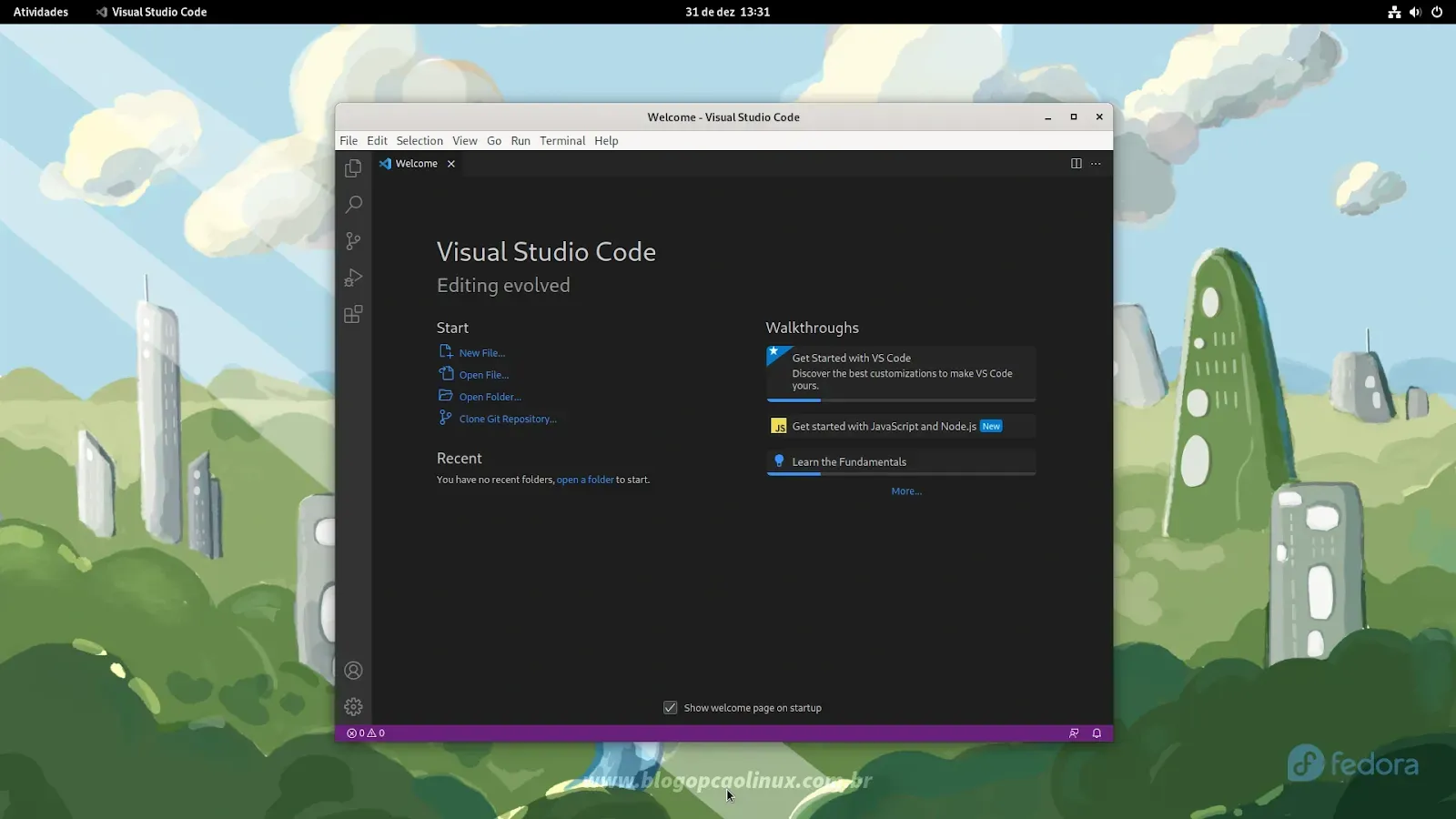Visual Studio Code executando no Fedora 37 Workstation com o ambiente de desktop GNOME Shell