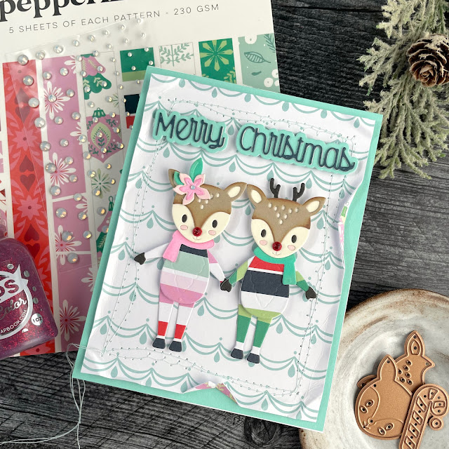 Interactive Christmas pajama card created with: Spellbinders tinsel time sentiments, dancin' deer, winter blooms, cardstock, opal gems; Scrapbook.com peppermint patterned paper, smooth cardstock, ruby pops of color