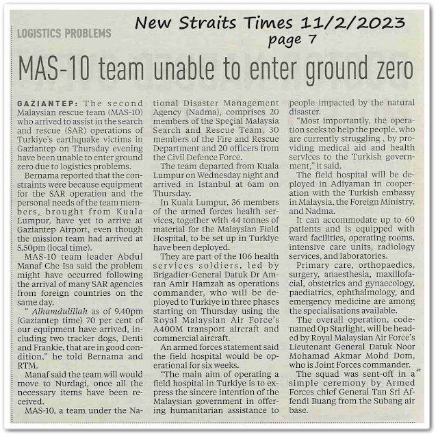 MAS-10 team unable to enter ground zero - Keratan akhbar New Straits Times 11 February 2023