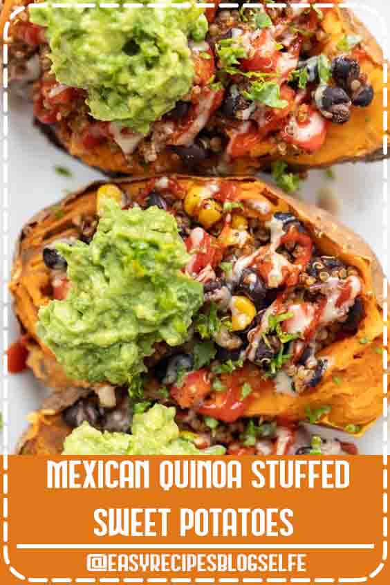 These Mexican Quinoa STUFFED Sweet Potatoes are the ultimate plant-based meal! Packed with fiber and protein, they're filling, tasty and easy to make! Easy, healthy and so delicious. Stuffed with black beans, quinoa, guacamole, and more healthy ingredients! #EasyRecipesBlogSelfe #stuffedsweetpotatoes #mexicanquinoa #quinoa #quinoarecipe #vegandinner #simplyquinoa #EasyRecipesforTwo #mexican
