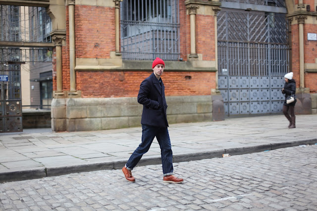 made in uk navy peancoat by wolsey red beanie hat mens fashion blogger