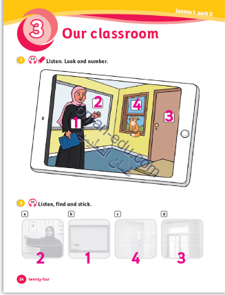 حل أسئلة وأنشطة الوحدة الثالثة Our classroom  للصف الأول ف1