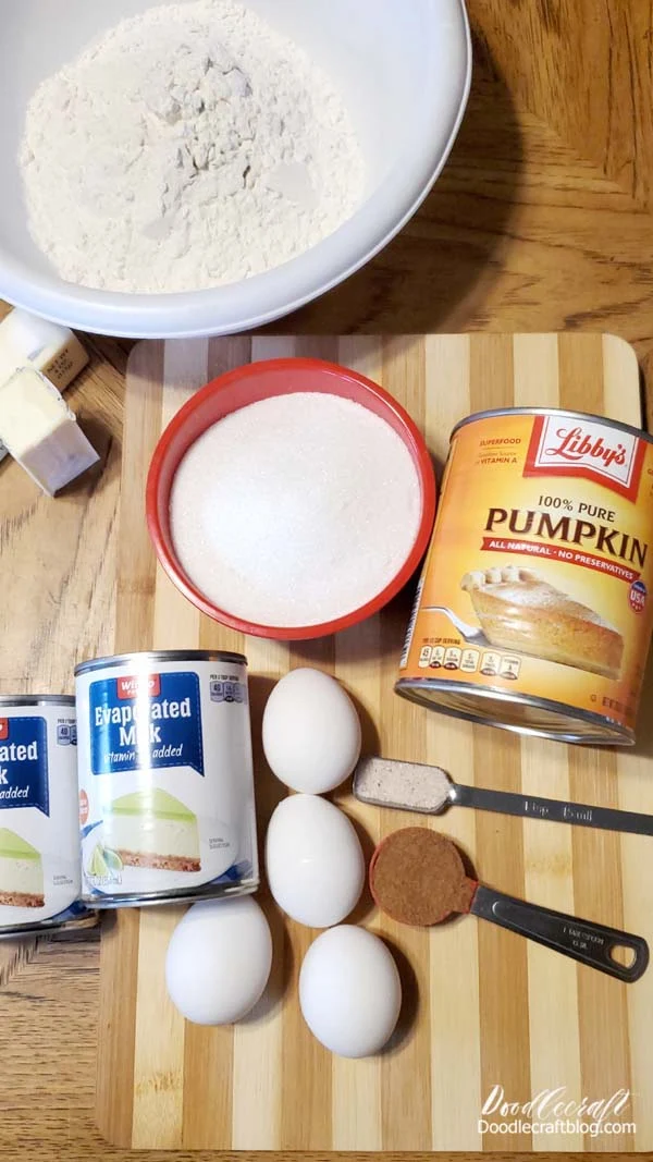 Ingredients Needed for Pumpkin Pie:  Pure Pumpkin Puree (29 oz. can) 1.5 Cup Sugar 1 teaspoon Salt 2 Tablespoons Pumpkin Pie Spice 24 Fl. Oz Evaporated Milk 4 eggs  Set oven to 425*F (will bake for 15 minutes at high heat and then reduce to 350*F for 45 more minutes)  This makes 2 nine inch pies.