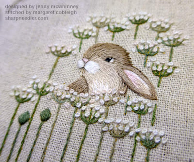 Another view of the embroidered hare from Jenny McWhinney's Queen Anne's Lace. All the embroidered flowers are finished.