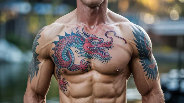 dragon tattoo on chest of a muscle man