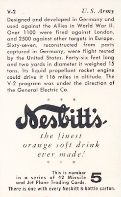 1958 Nesbitt's : Missile and Jet Plane Trading Cards #5 - V-2