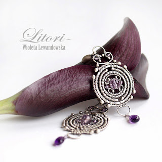 silver earrings with amethyst, litori, wire-wrapping, jewellery