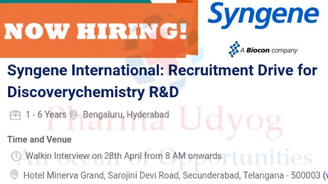 Syngene | Walk-in interview for R&D | 28th April 2019 | Hyderabad
