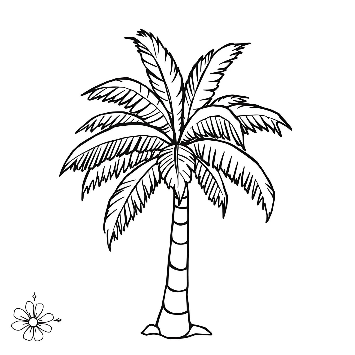 Black and white line art coloring page of a single palm tree with detailed fronds and a textured trunk, with a small outline of a flower in the bottom left corner. Free for commercial use.