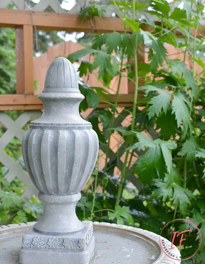 A DIY Faux Concrete Bird Bath Topper and how to make the resin finial look just like the real concrete bird bath it's mounted on with layers of paint.