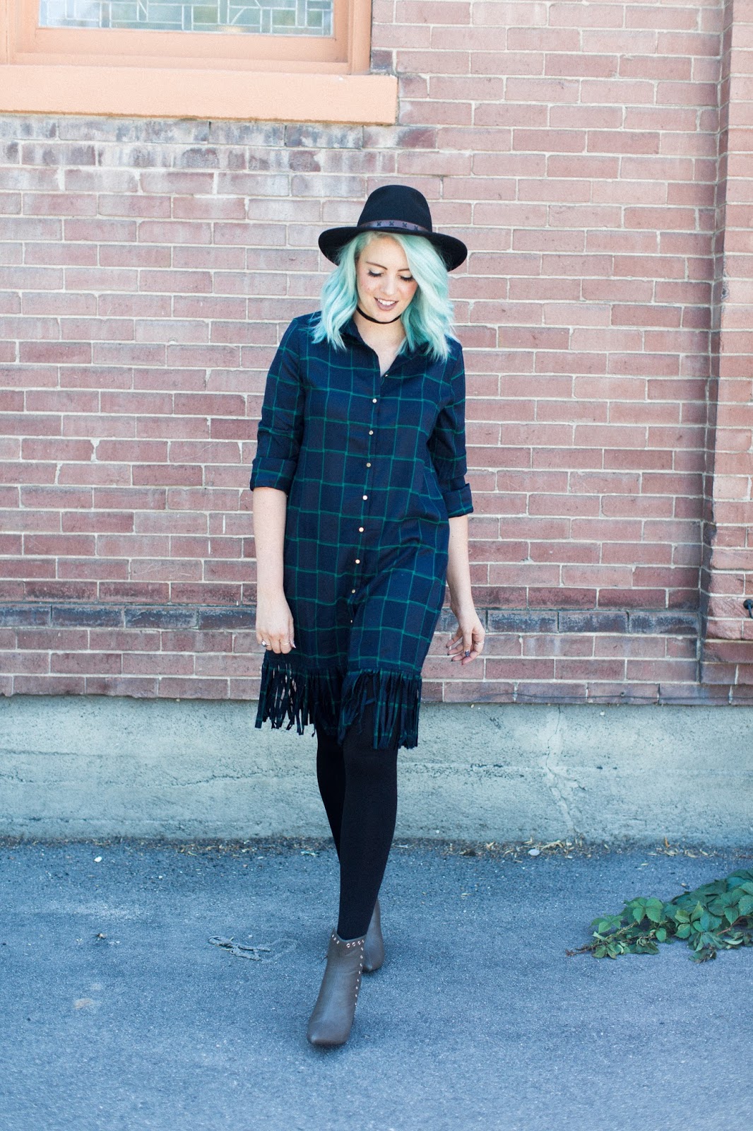Blue hair, fringe and plaid, Utah Fashion blogger