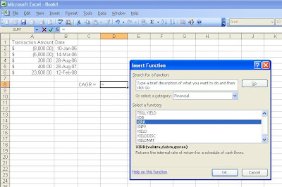 Excel insert XIRR function