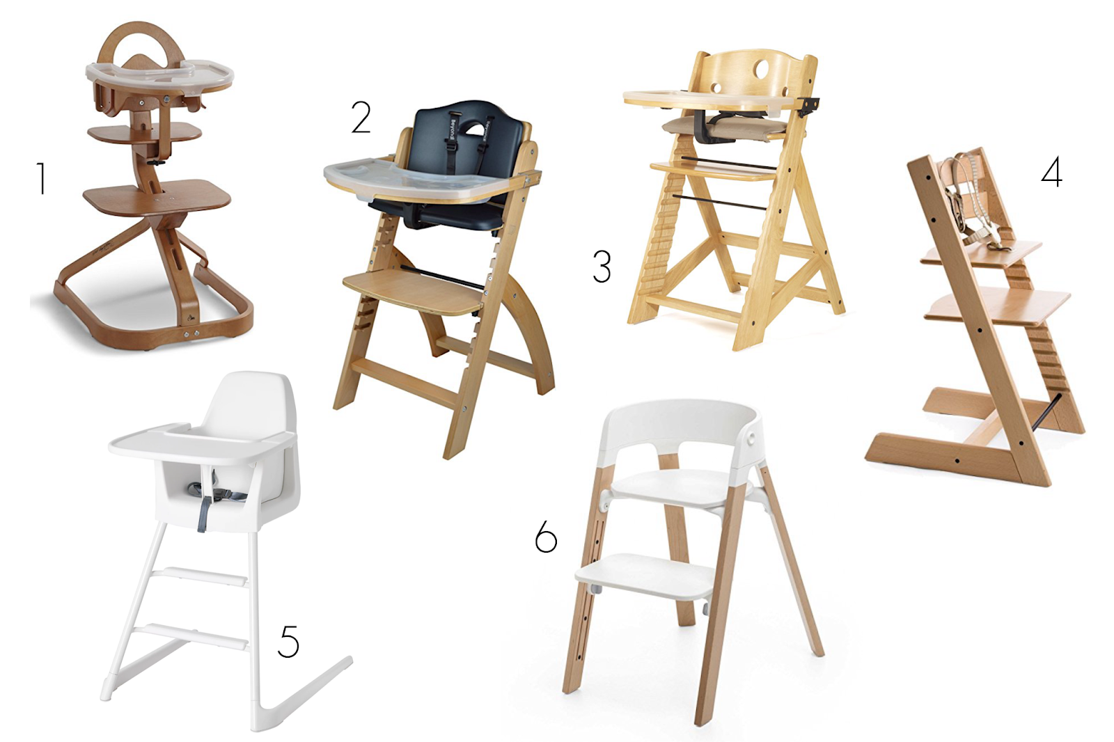 A collage of Montessori friendly highchair options for Montessori homes. These highchairs promote independence while still being safe for a baby or toddler.