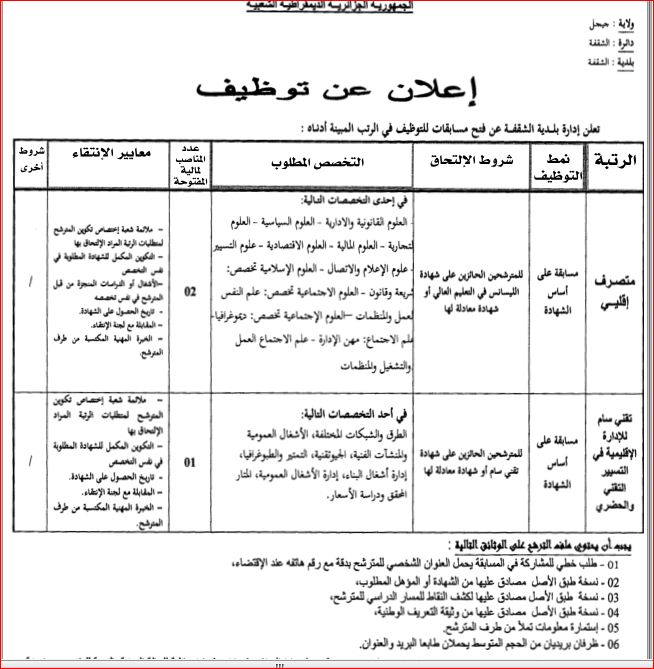 إعلان توظيف ببلدية الشقفة ولاية جيجل