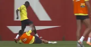 Pictures: Suarez slide tackle Dembele who hasn't even received medical all-clear yet