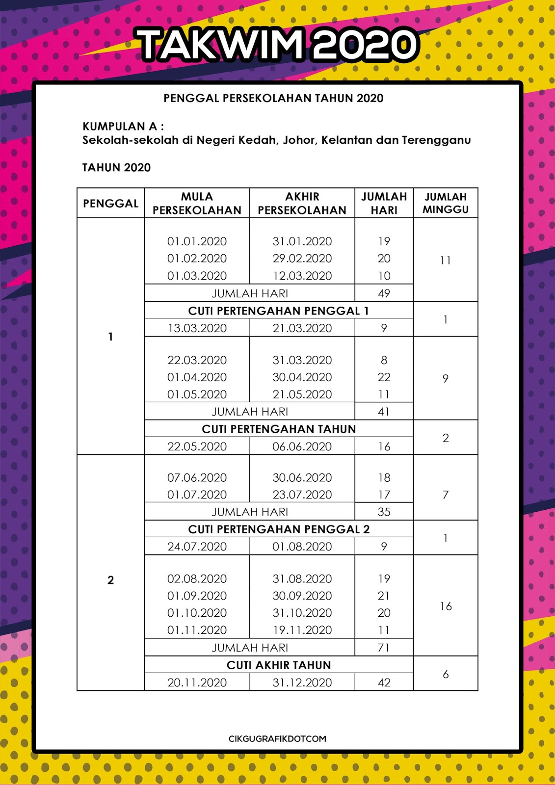 Takwim Cuti Persekolahan dan Perayaan 2020  KOLEKSI 