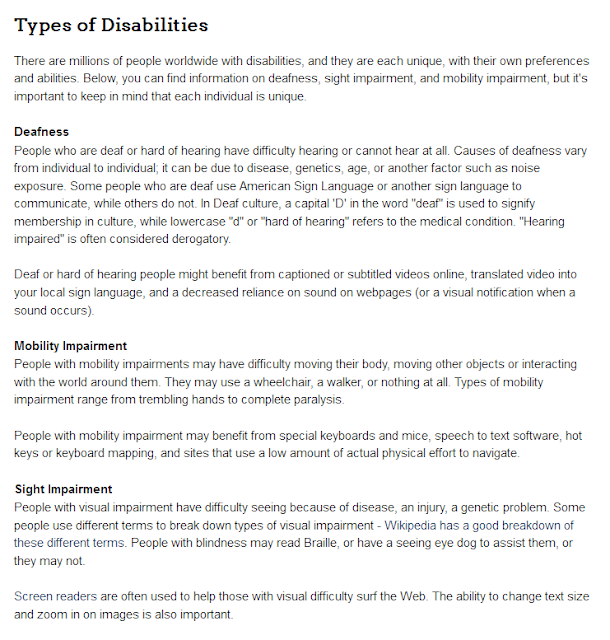 A screenshot of my final Types of Disabilities page.