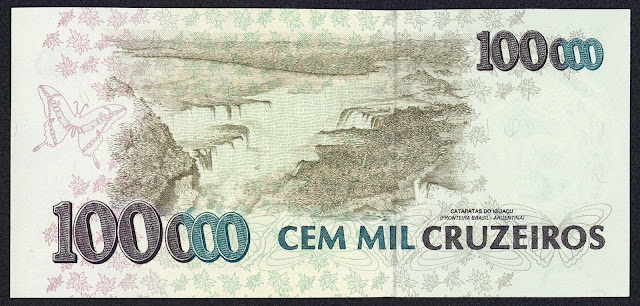 Brazil money currency 100000 Cruzeiros banknote 1993 Iguazu Falls